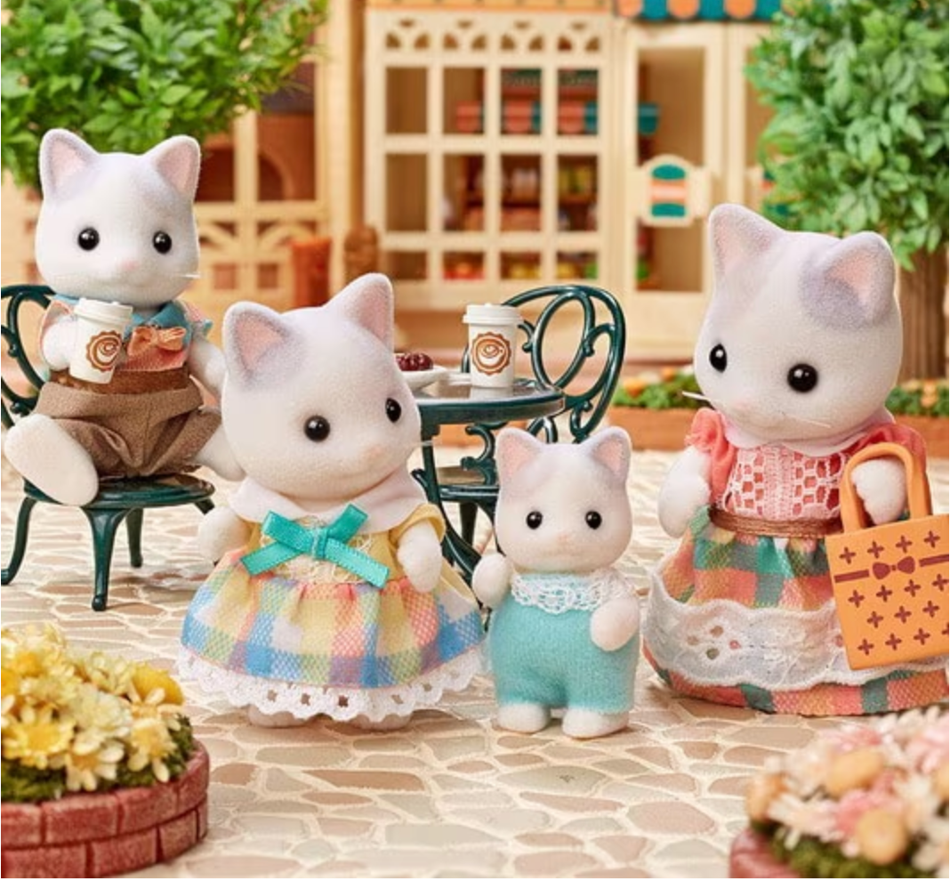Latte Cat Family set with father, mother, girl, baby cats in colorful checkered outfits and accessories outdoors.