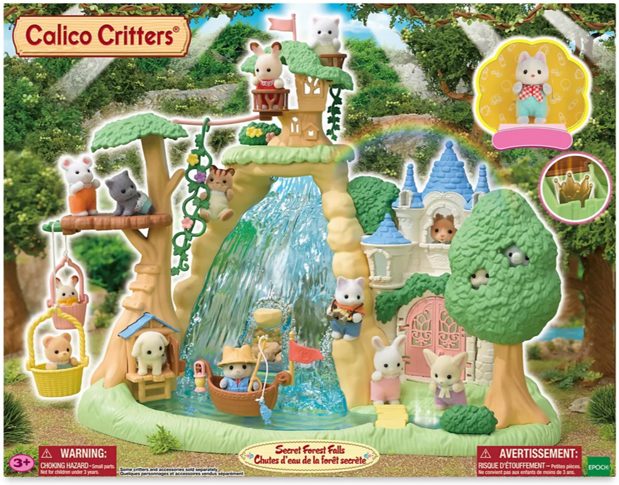 Secret Forest Falls playset with waterfall, treehouse, boat, explorer figure, and forest adventure accessories for kids.