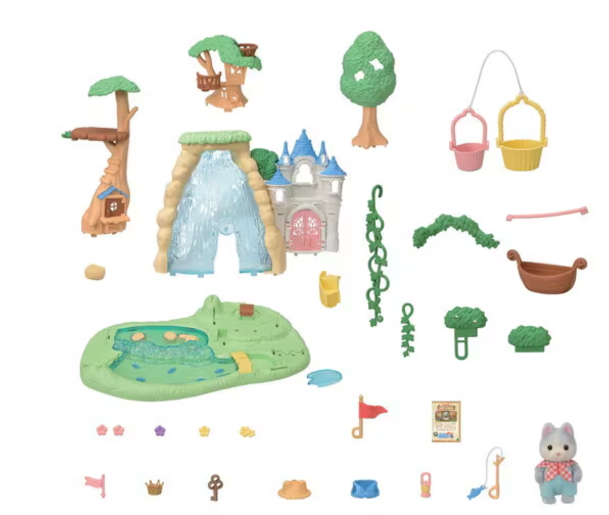 Secret Forest Falls playset with waterfall, treehouse, boat, and explorer figure for imaginative adventure play.