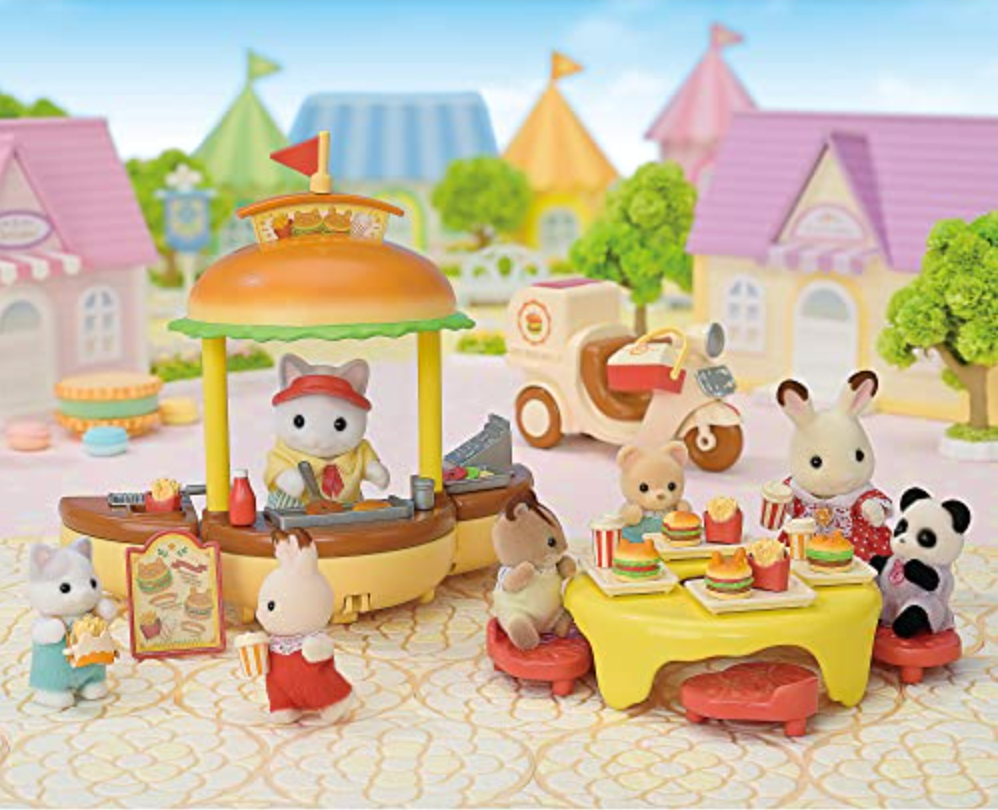 Hamburger Stand playset with store, delivery bike, doll, food items, and table for interactive pretend play.