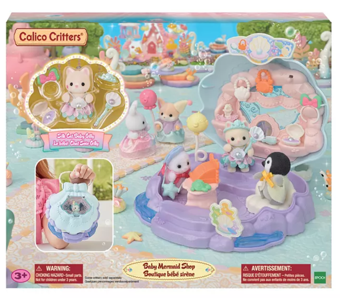 Baby Mermaid Shop with shell-shaped store, ocean accessories, and Silk Cat baby in mermaid costume for ages 3 and up.