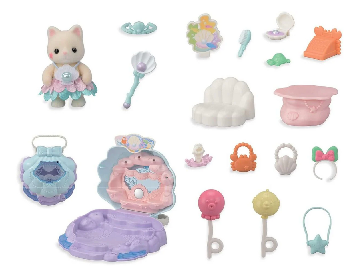 Baby Mermaid Shop set with shell-shaped shop, ocean accessories, and Silk Cat baby in mermaid costume.