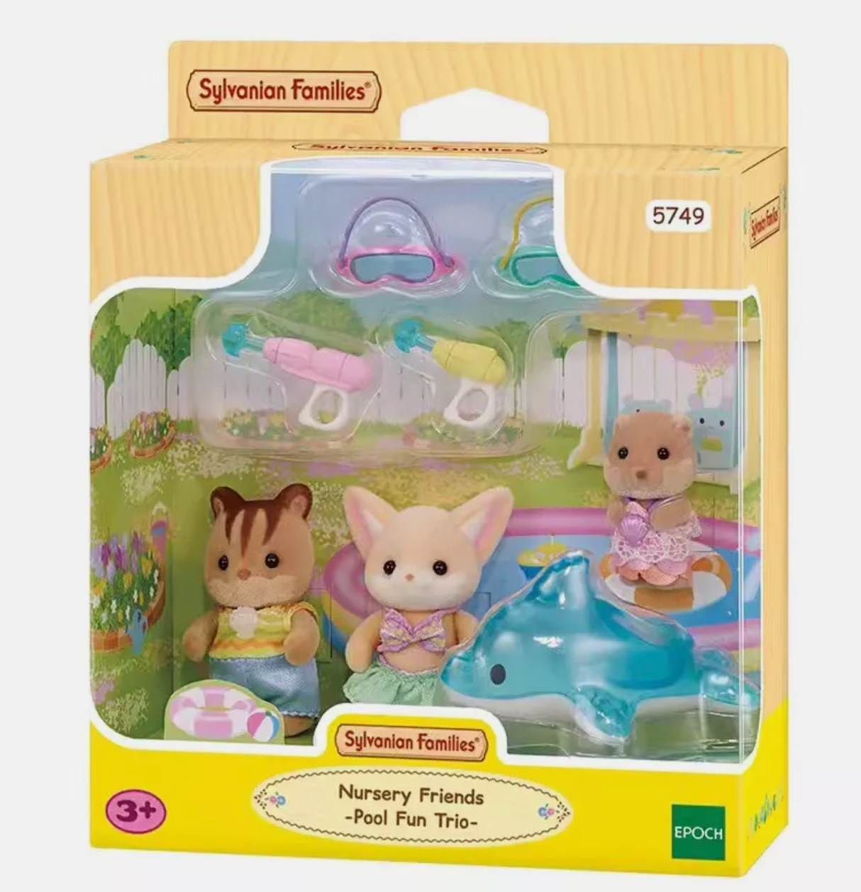 Nursery Friends | Pool Fun Trio with three babies, inflatable dolphin, pool toys, and swimming accessories in packaging.