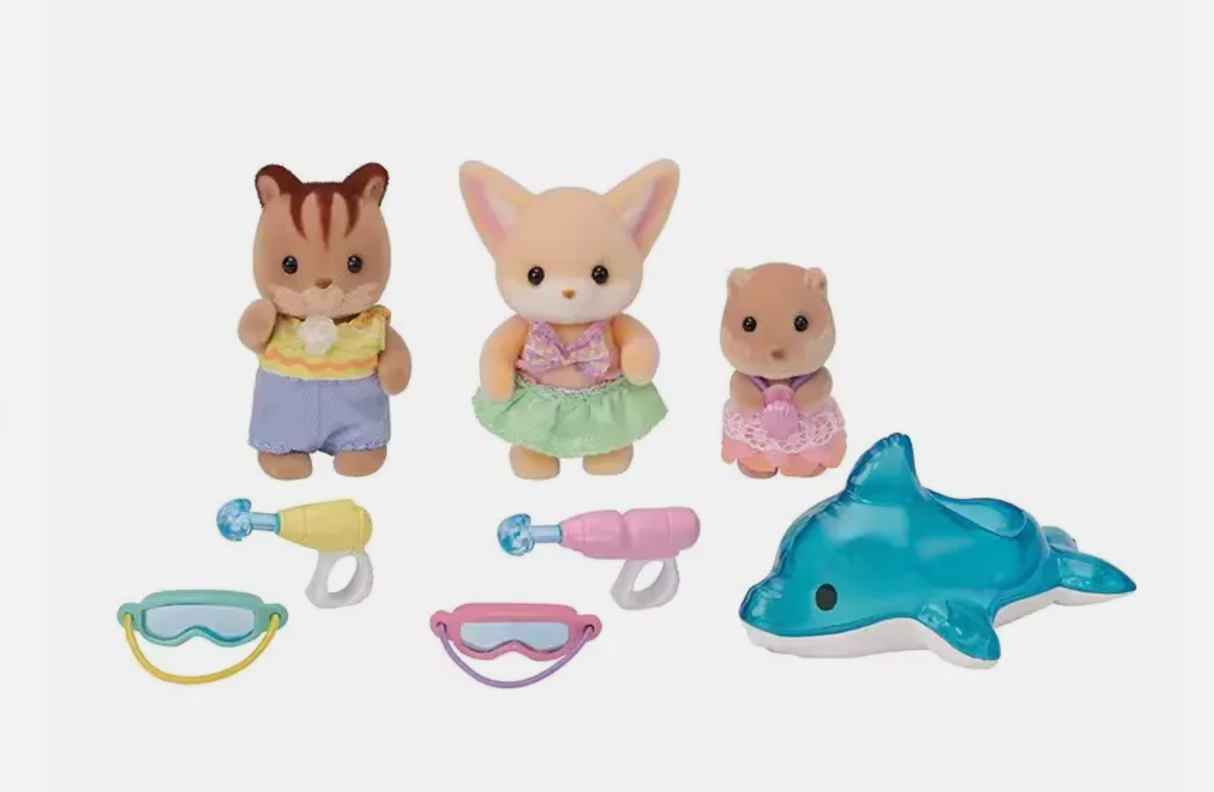 Nursery Friends | Pool Fun Trio with three babies in swimwear, goggles, toys, and inflatable dolphin for pool play.