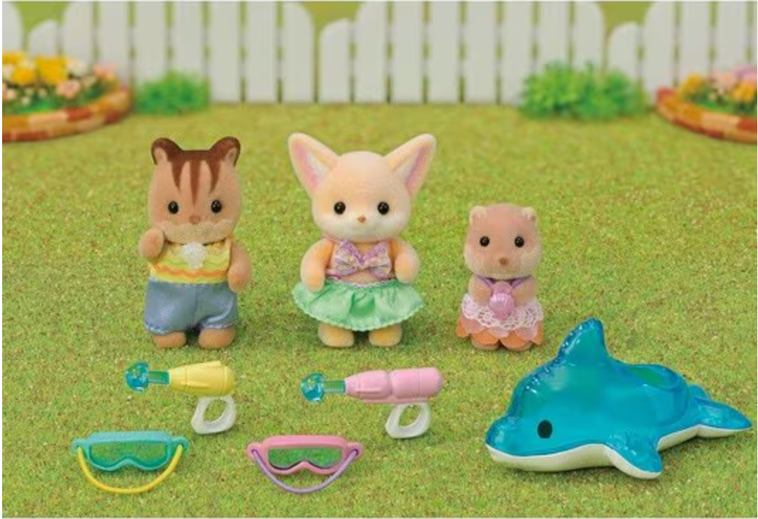 Nursery Friends | Pool Fun Trio with three babies, inflatable dolphin, pool toys, and colorful swimwear on grass background.