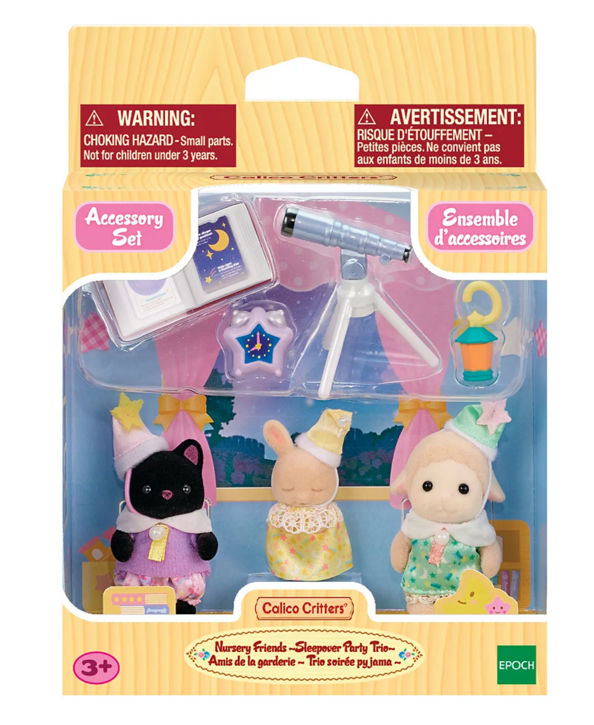 Nursery Friends Sleepover Party Trio with three babies, telescope, constellation book, and accessories for imaginative play.