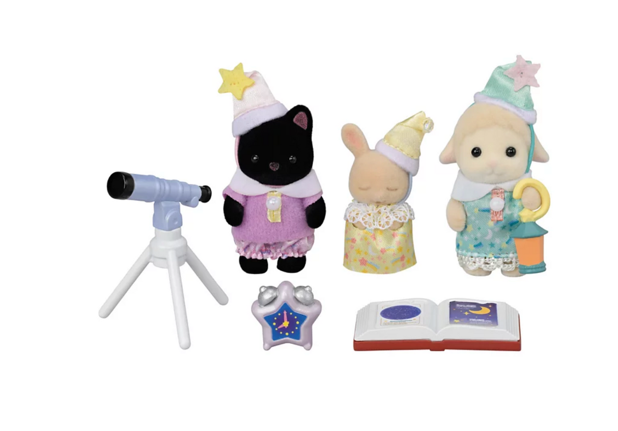 Nursery Friends | Sleepover Party Trio with three babies, telescope, constellation book, and sleepover accessories for imaginative play.