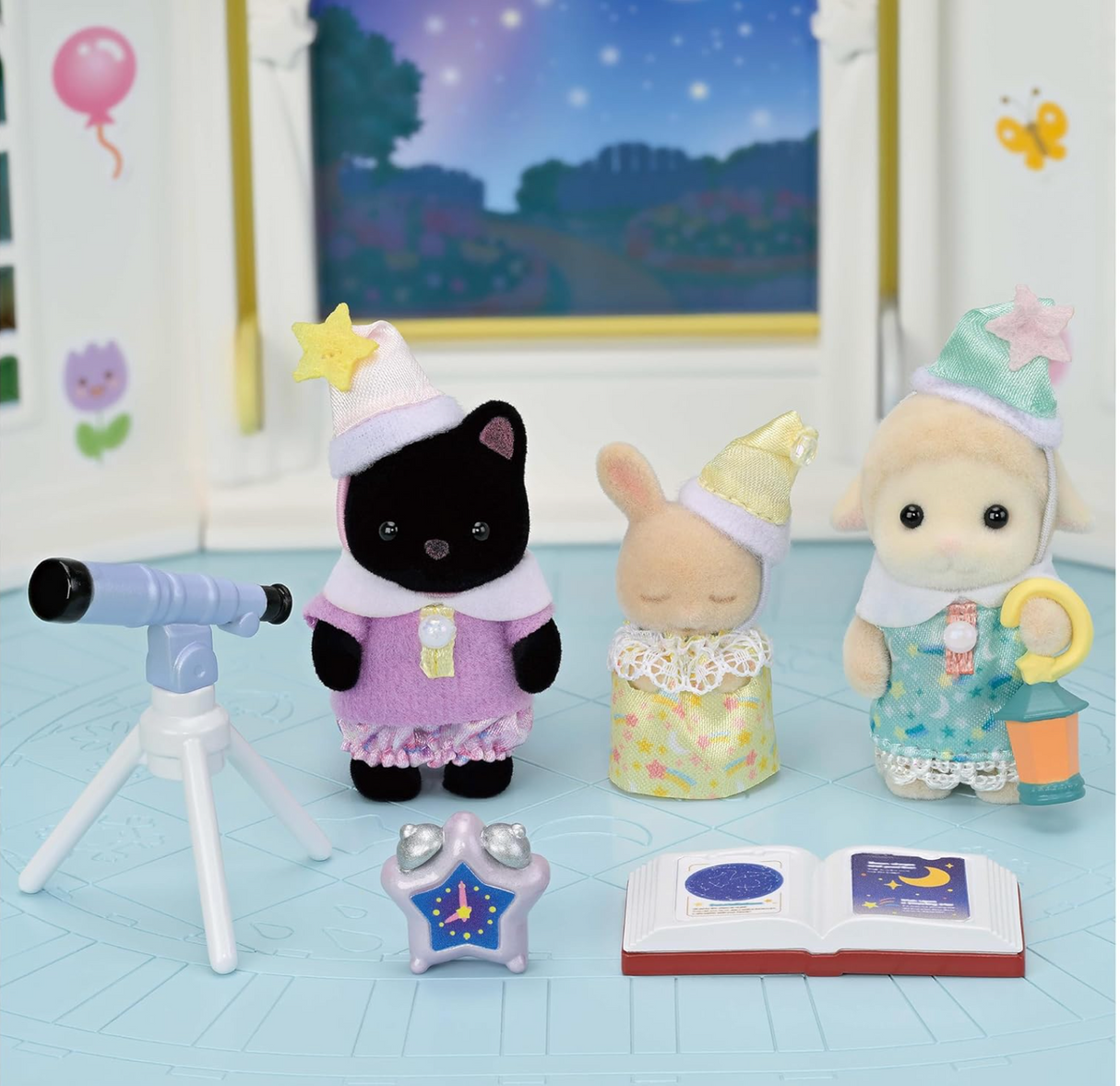 Nursery Friends | Sleepover Party Trio with three babies, telescope, constellation book, and nighttime playset scene.