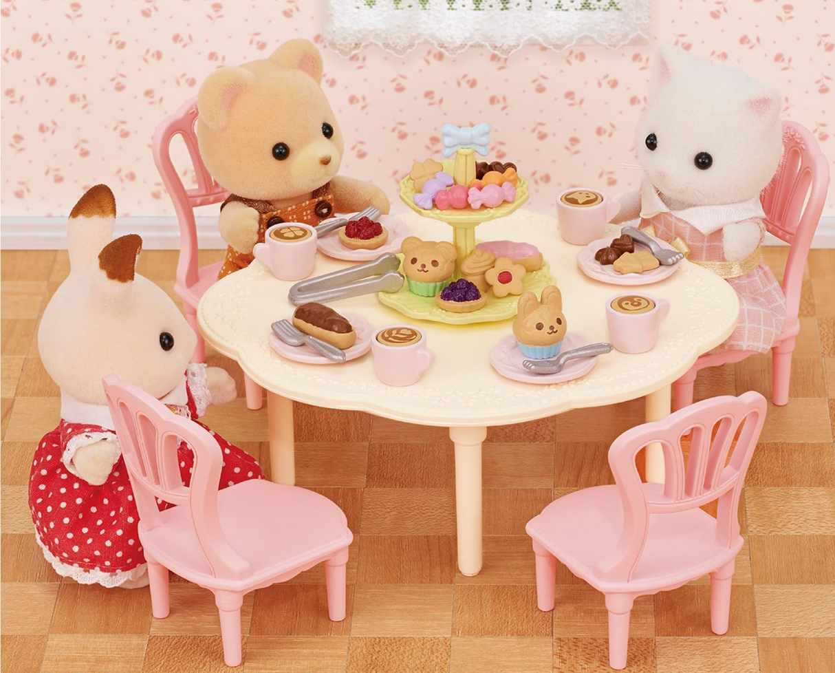 Sweets Party Set with colorful table, chairs, latte art, and sweet treats including cake stand and 30 accessories.