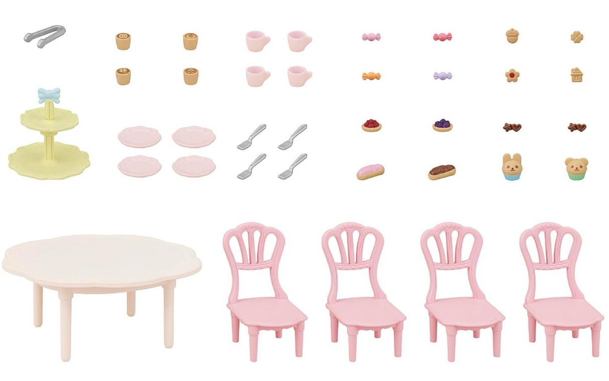 Sweets Party Set with pink chairs, table, cake stand, coffee, cakes, and 30 teatime accessories for ages 3+.
