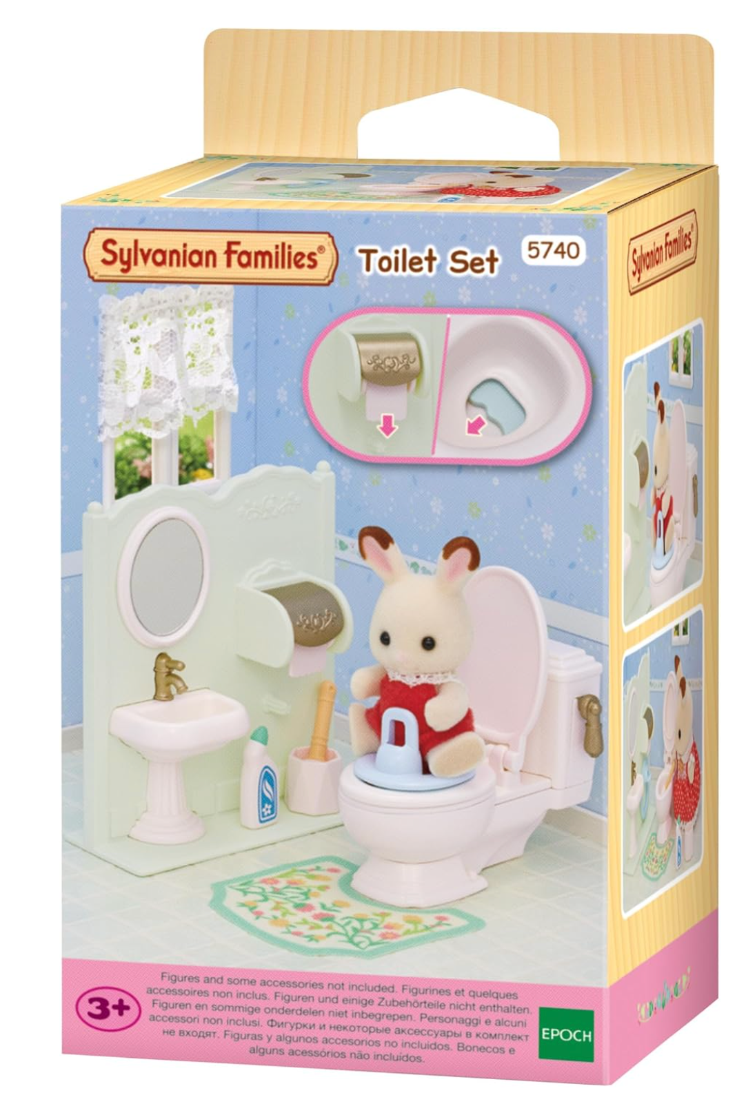 Sylvanian Families Toilet Set with toilet, sink, potty attachment, toilet mat, and cleaning accessories for kids.