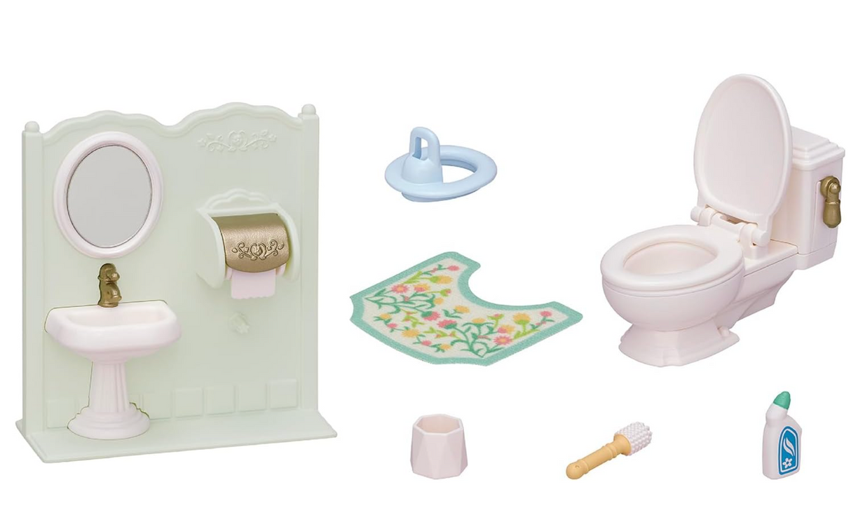 Toilet Set with toilet, sink, potty attachment, toilet mat, cleaning brush, cleaner, and toilet paper holder.