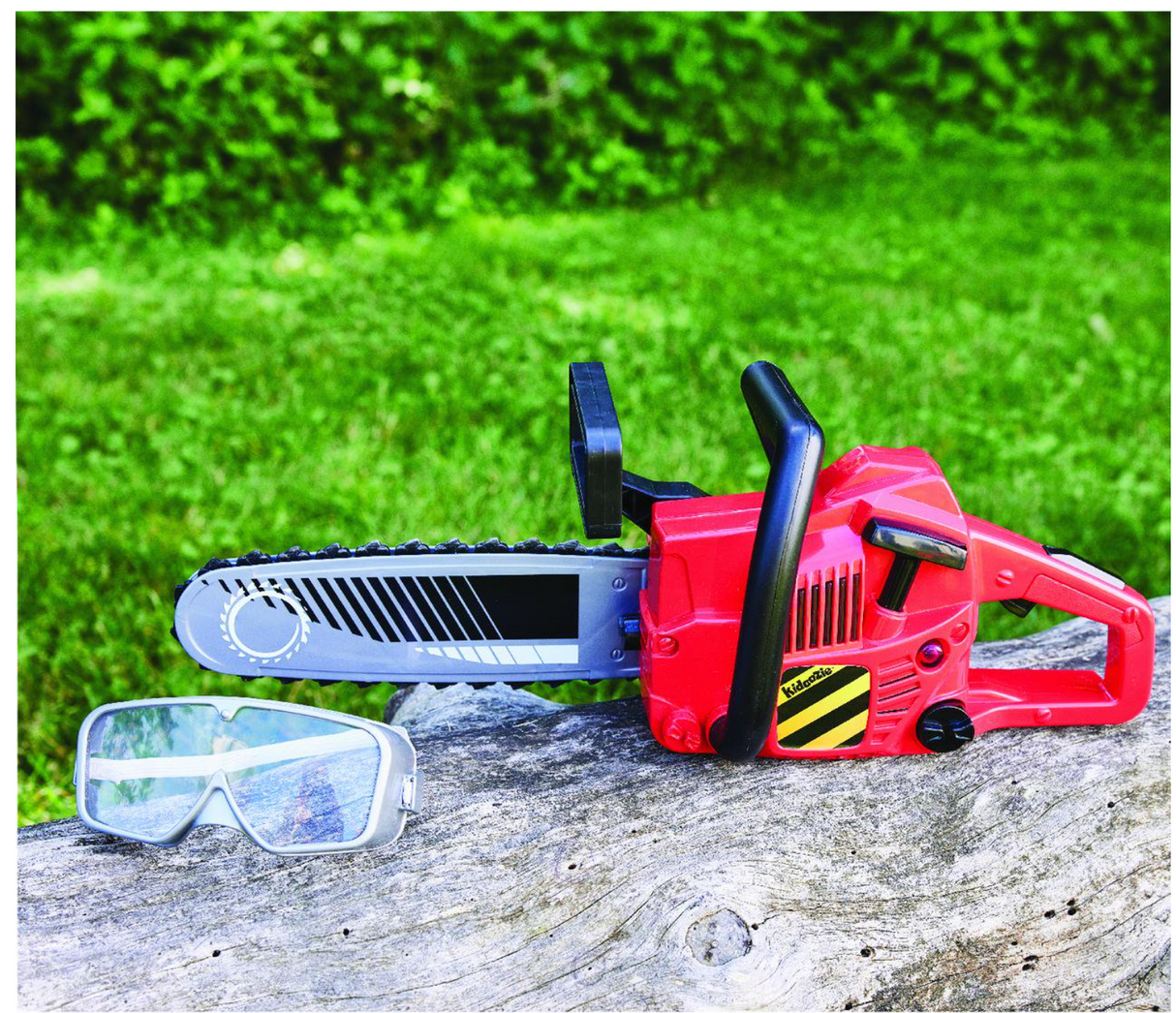 Power Chainsaw toy with realistic sound, lights, rotating blade, and included safety goggles for imaginative play.