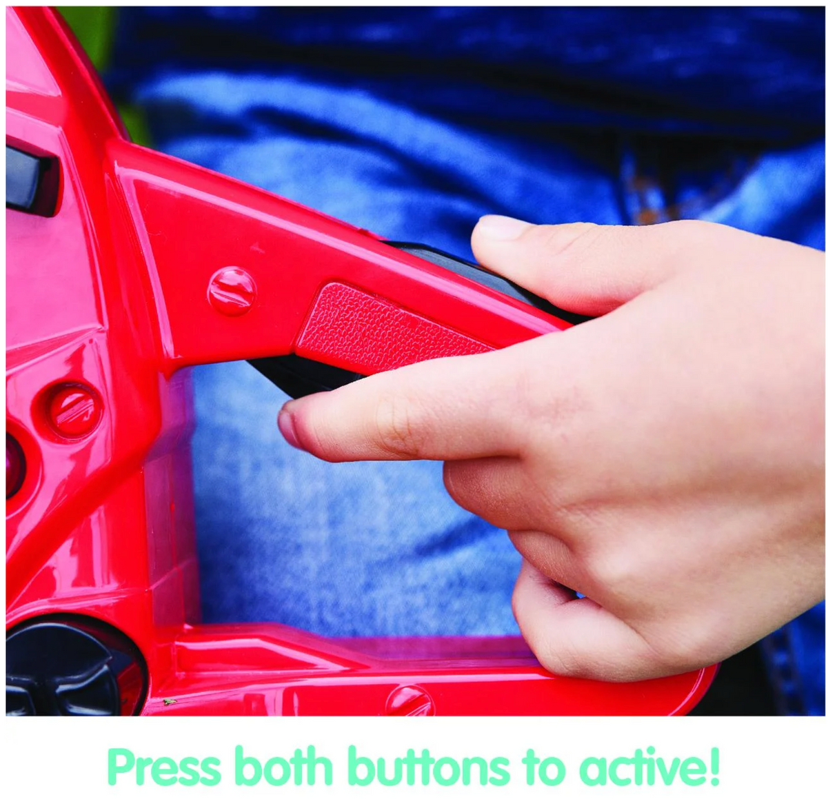 Child's hand pressing the trigger on a red Power Chainsaw toy with realistic features and sound effects.