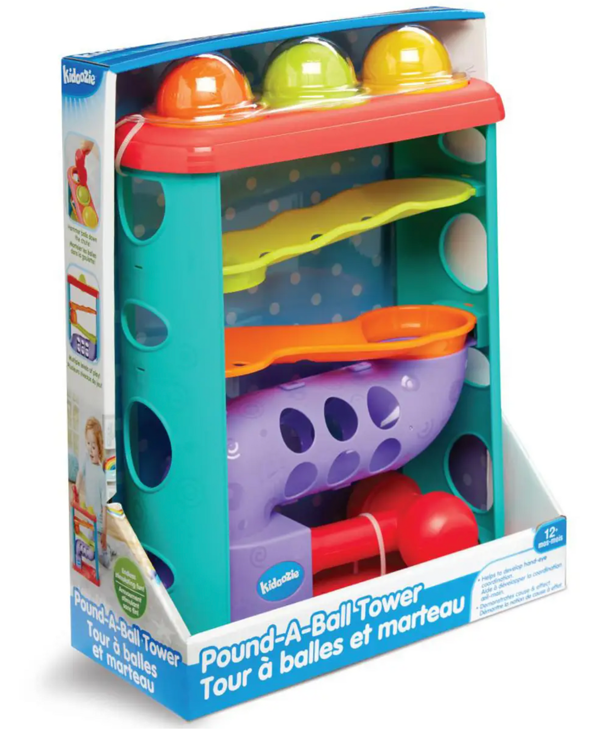 Pound A Ball Tower with vibrant balls and hammer in colorful winding levels for toddler play and coordination.