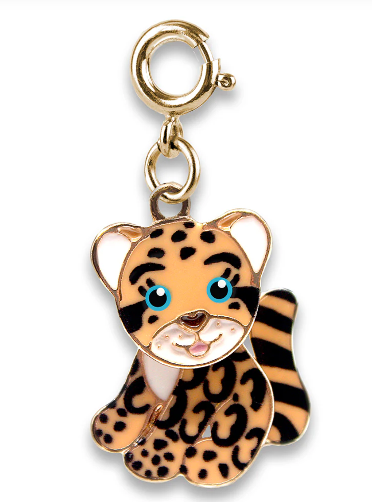Gold Cloud Leopard Charm featuring a playful spotted leopard design with blue eyes and a gold clasp attachment.