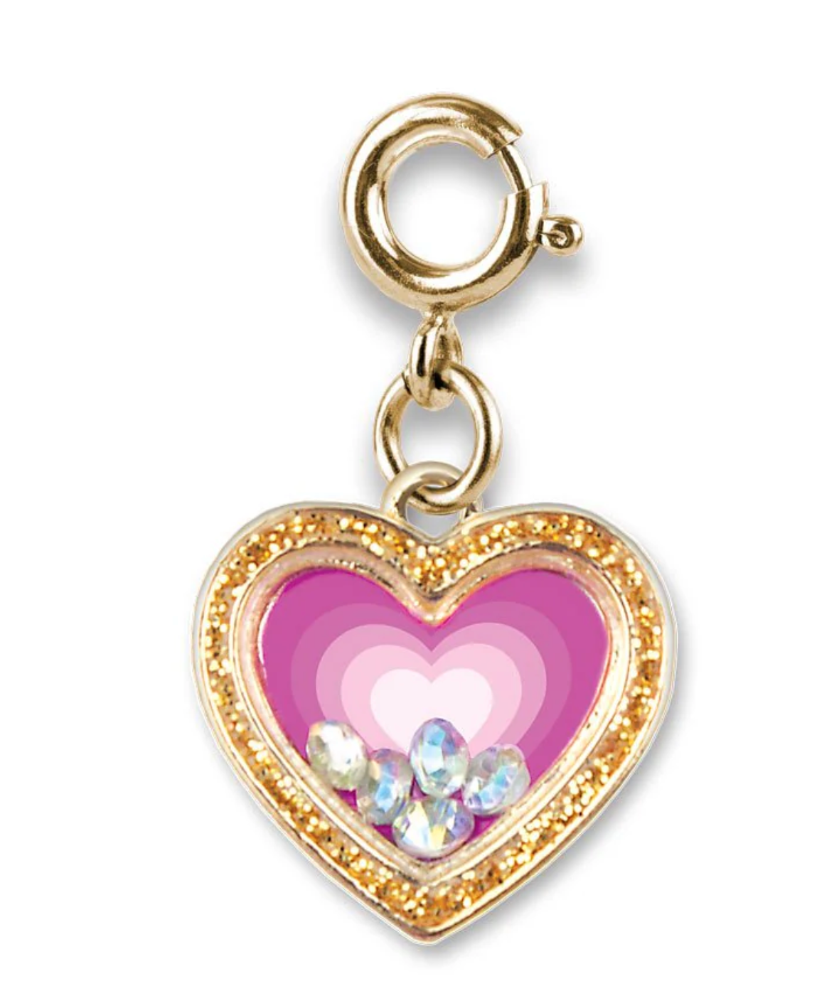 Gold Heart Shaker Charm with 3D stones, glitter, and pink enamel inside a gold heart frame charm.