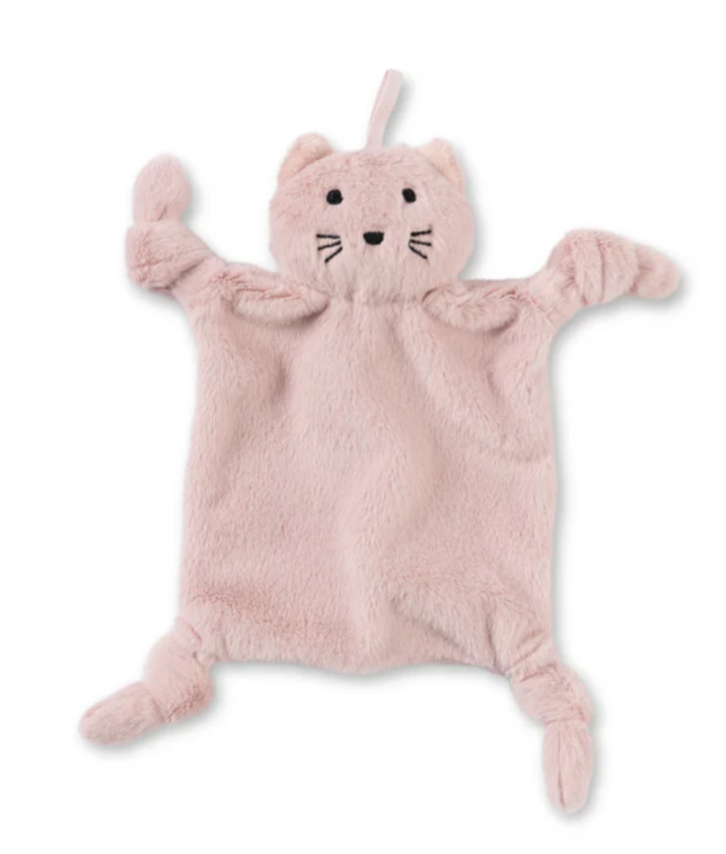 Pacifier Buddy | Charlotte the Cat soft pink plush lovey with pacifier loop for babies 0 months and up.