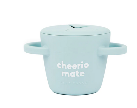Happy Snacker | Cheerio Mate two-piece silicone snack cup with handles and mess-proof snap-tight lid in light blue.