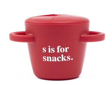 Happy Snacker | S is for Snack red silicone snack cup with handles and snap-tight lid for toddlers.