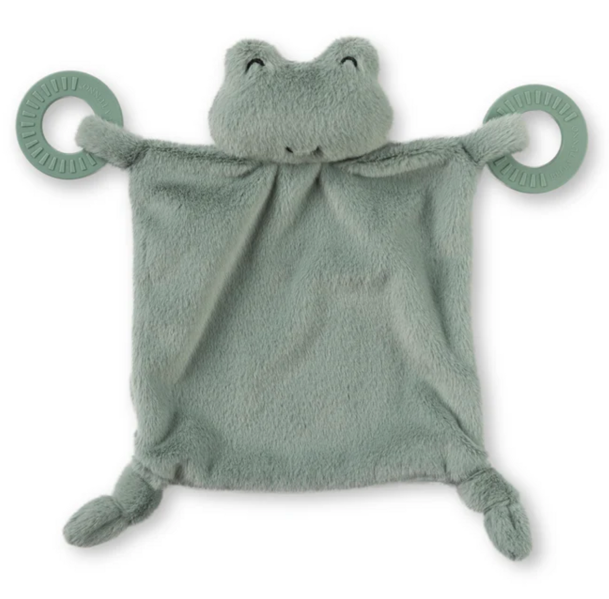 Teether Buddy | Freddie the Frog plush baby lovey with teething rings and soft fabric for soothing gums and cuddling.