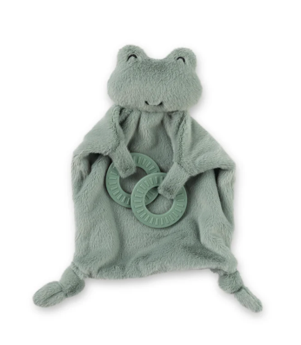 Teether Buddy | Freddie the Frog plush lovey with soft fabric and teething rings for soothing babies.