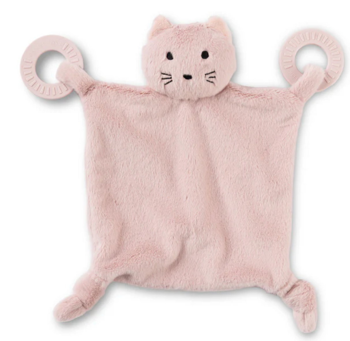 Teether Buddy | Charlotte the Cat soft plush pink lovey with teething rings and friendly cat face for babies.