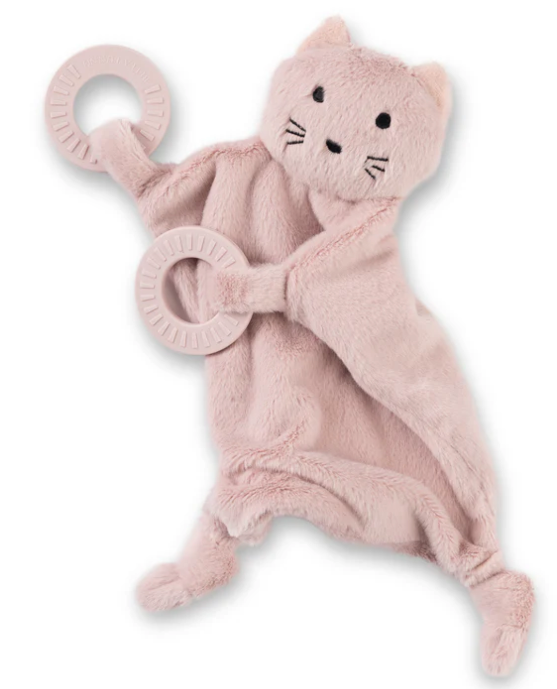 Teether Buddy | Charlotte the Cat soft plush lovey with attached teething rings and gentle rattle for soothing babies.