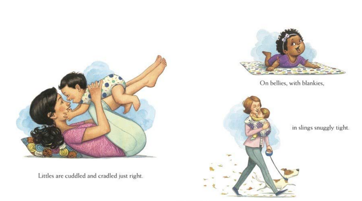Illustration from Littles and How They Grow showing a mother playing with baby and diverse babies with blankets and slings.