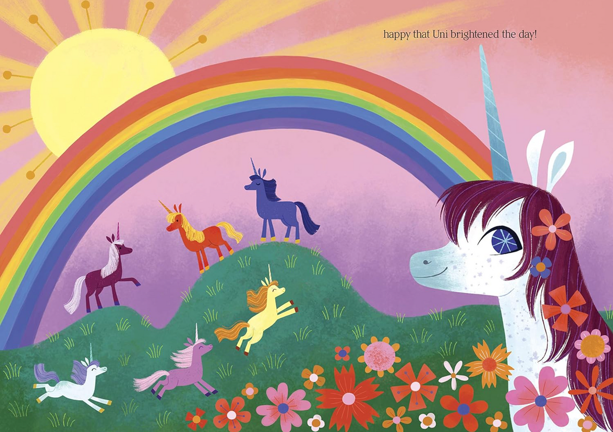 Uni Paints a Rainbow shows Uni the Unicorn creating a colorful rainbow under a bright sun, with playful unicorns and flowers.