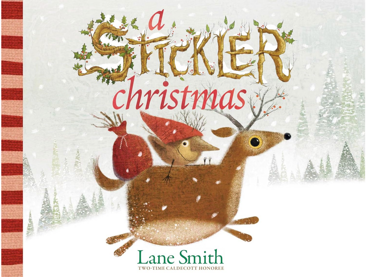 A Stickler Christmas book cover showing Stickler riding a reindeer in a snowy forest scene.