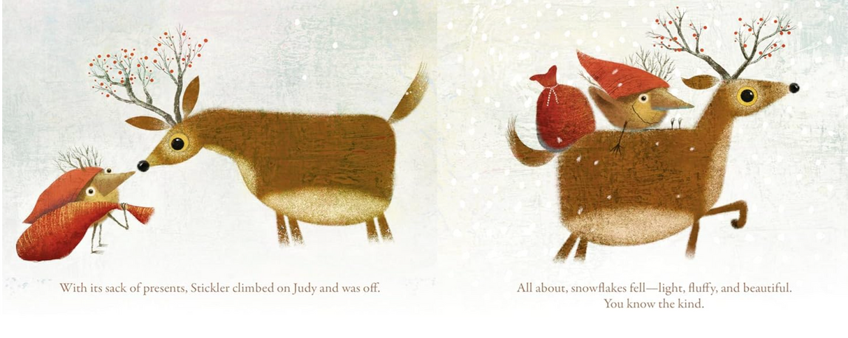 A Stickler Christmas shows Stickler with animals in a snowy scene, sharing gifts and joy during Christmas.