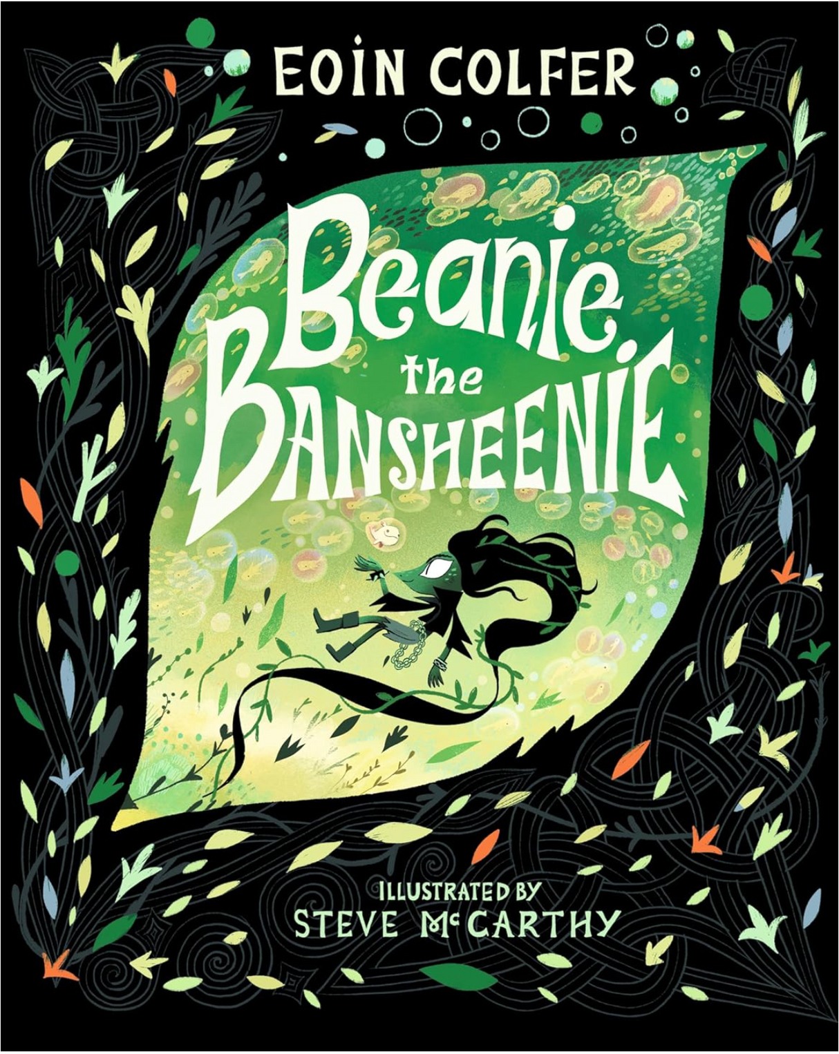 Cover of Beanie the Bansheenie by Eoin Colfer featuring a whimsical banshee character and Celtic-inspired designs.