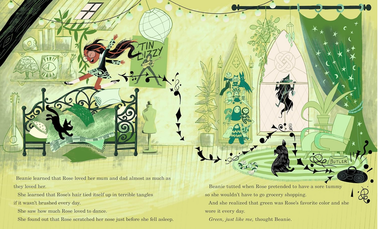 Illustration from Beanie the Bansheenie showing a whimsical green room with Beanie playing and magical details.