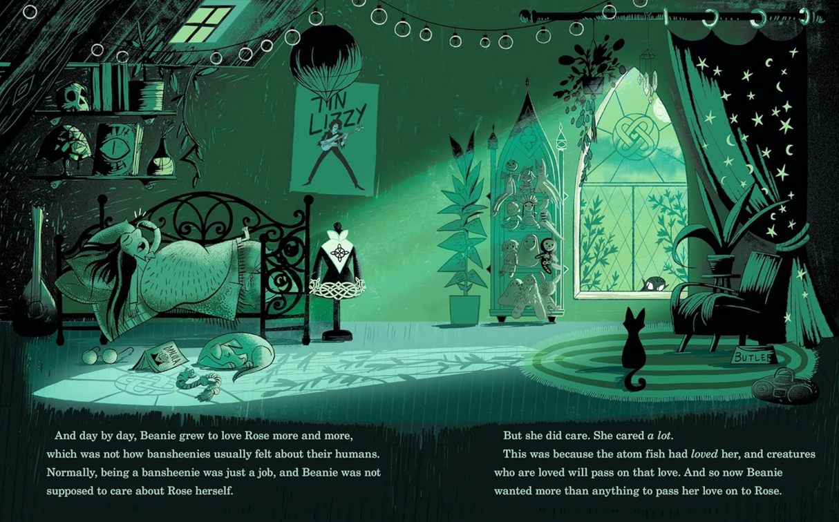 Illustration from Beanie the Bansheenie showing a cozy attic room with a girl, cat, and mystical green light.