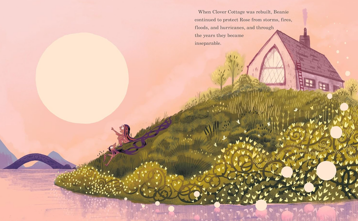 Illustration from Beanie the Bansheenie showing Beanie and Rose by a gorse-covered hill near a cozy cottage at sunset.