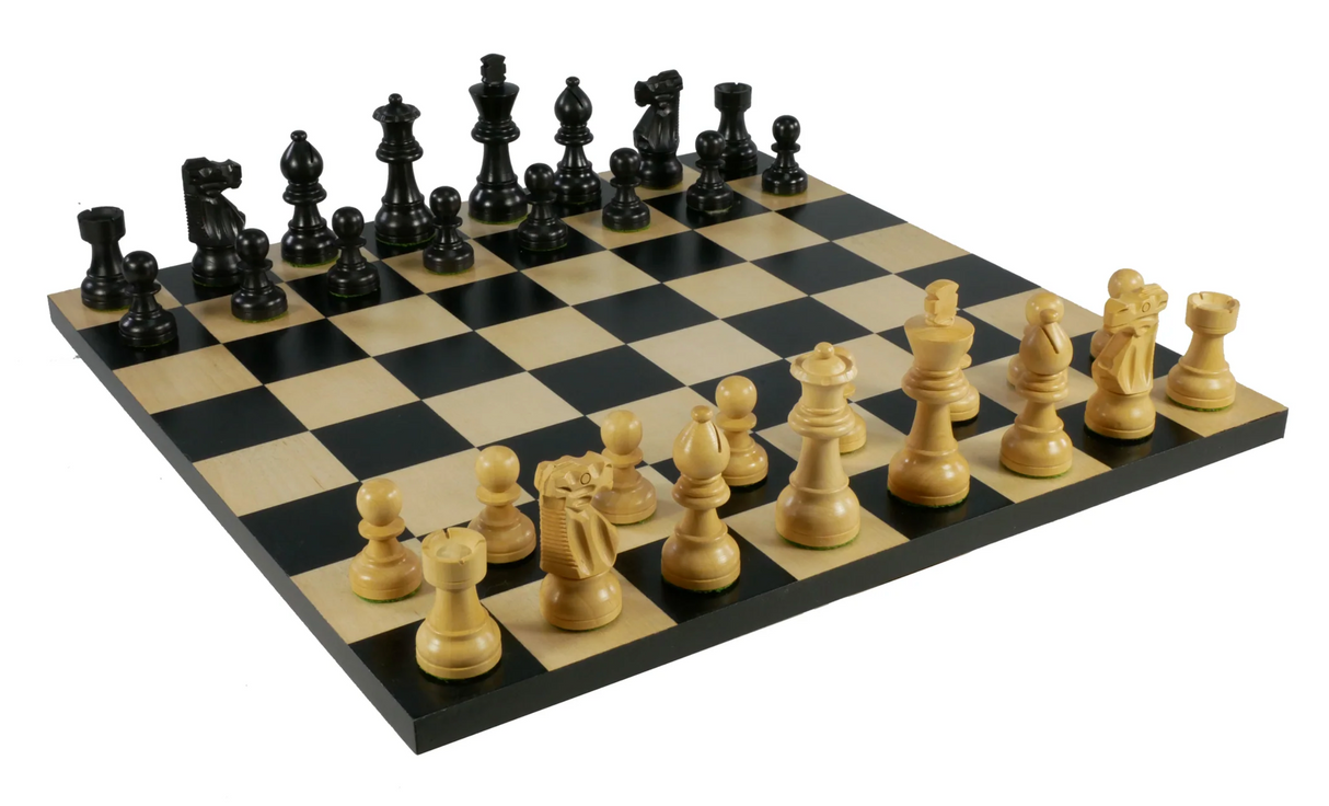 Chess Set Black French Chessmen featuring black and maple pieces on a 14" black/maple veneer chess board.
