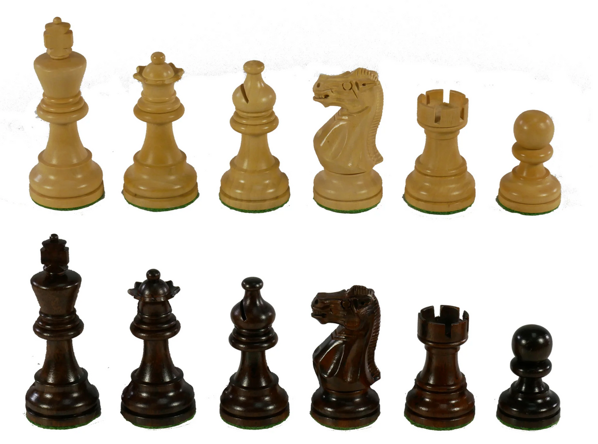 Chessmen Anjan Wood American Emperor chess pieces double weighted and felted, showcasing light and dark sets in quality craftsmanship.