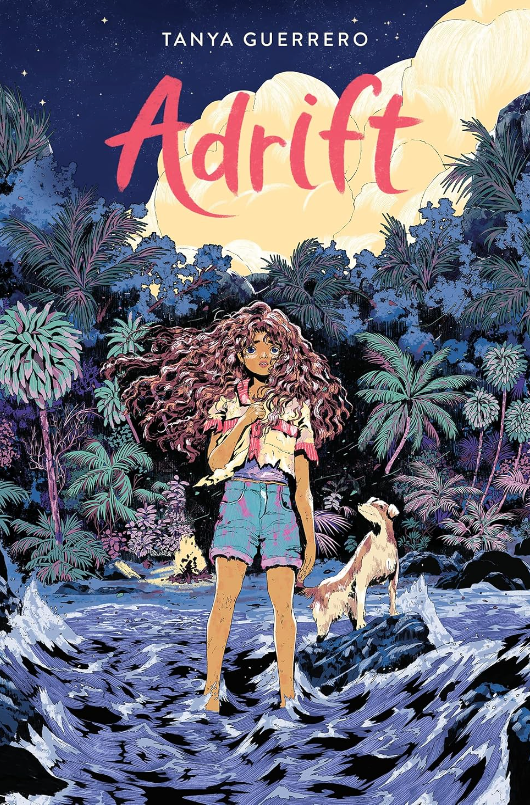Book cover of Adrift showing a girl with curly hair standing in water beside a dog under a starry sky.
