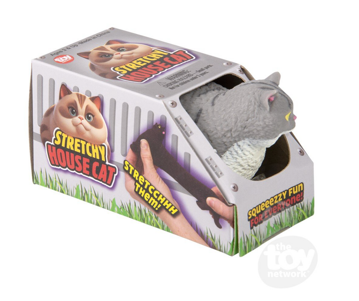 Stretchy House Cat stress relief fidget toy in open box, sand-filled and squeezable, perfect for ages 3 and up.