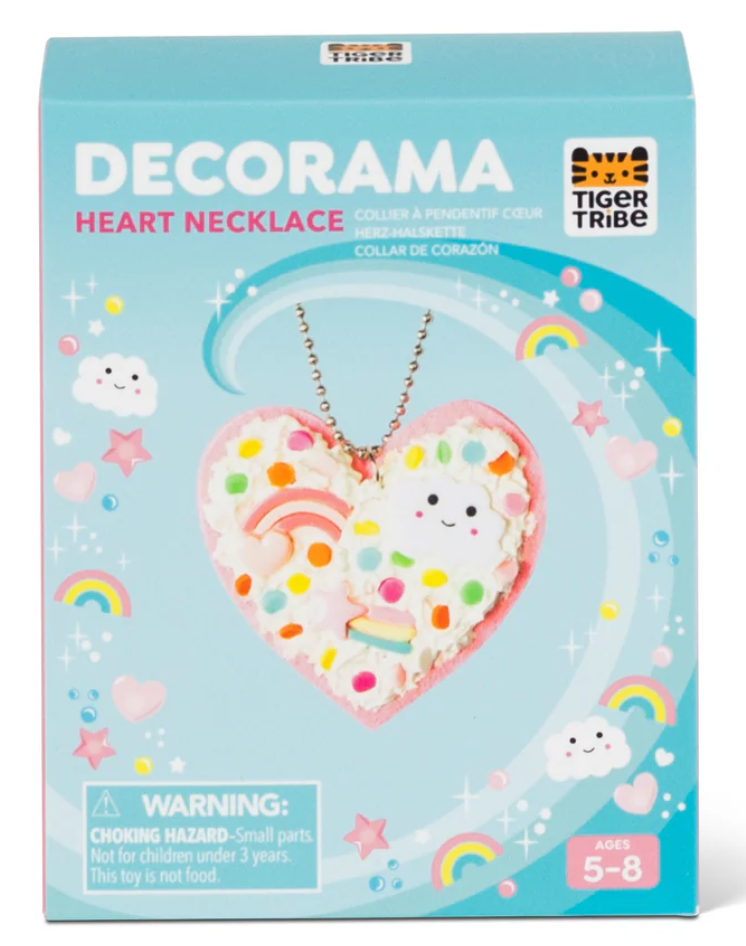Decorama Heart Necklace with pink felt heart pendant, white Deco Cream, rainbow and cloud charms, colorful sprinkles on silver chain.