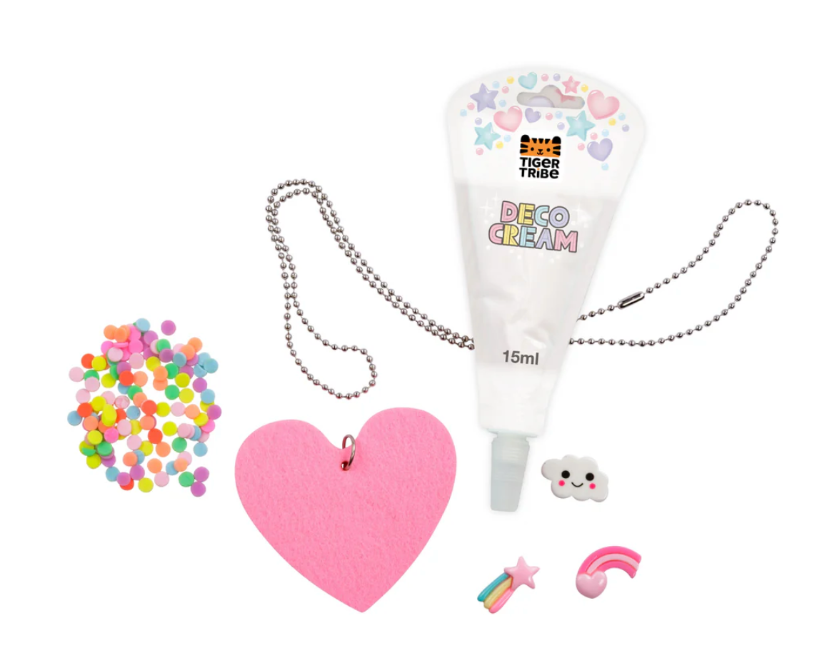 Decorama | Heart Necklace set with pink felt heart, white Deco Cream, rainbow and cloud charms, sprinkles, and silver chain.