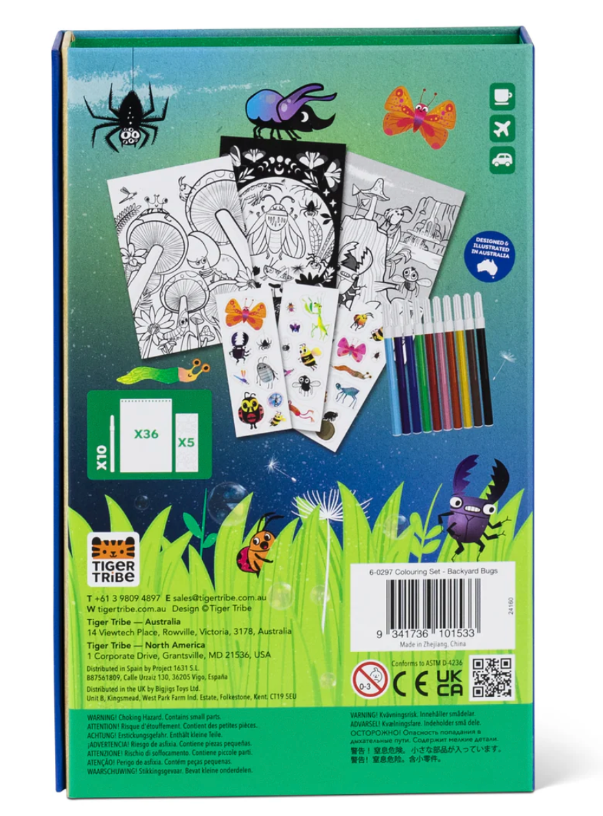 Coloring Set | Backyard Bugs with bug-themed coloring pages, vibrant markers, and sticker sheets in a sturdy storage box.