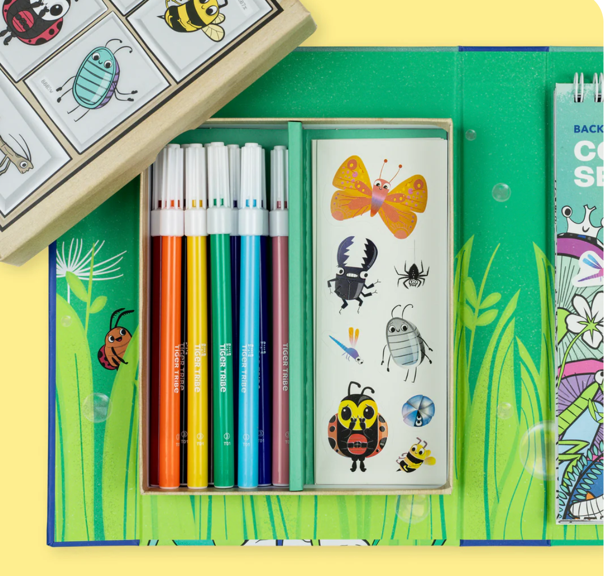 Coloring Set | Backyard Bugs with vibrant markers, illustrated bug stickers, and activity book in magnetic storage box.