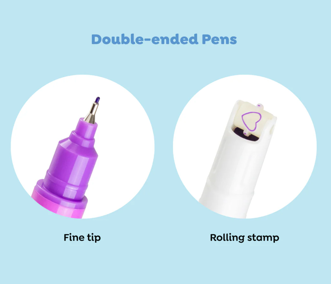 Close-up of double-ended Roller Pattern Pens showing fine tip and unique rolling stamp for creative fun.