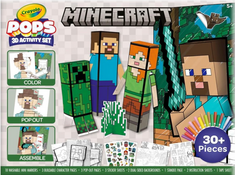 Crayola Pops | Minecraft 3D Activity Set featuring buildable characters, coloring pages, washable markers, and Minecraft-themed designs.