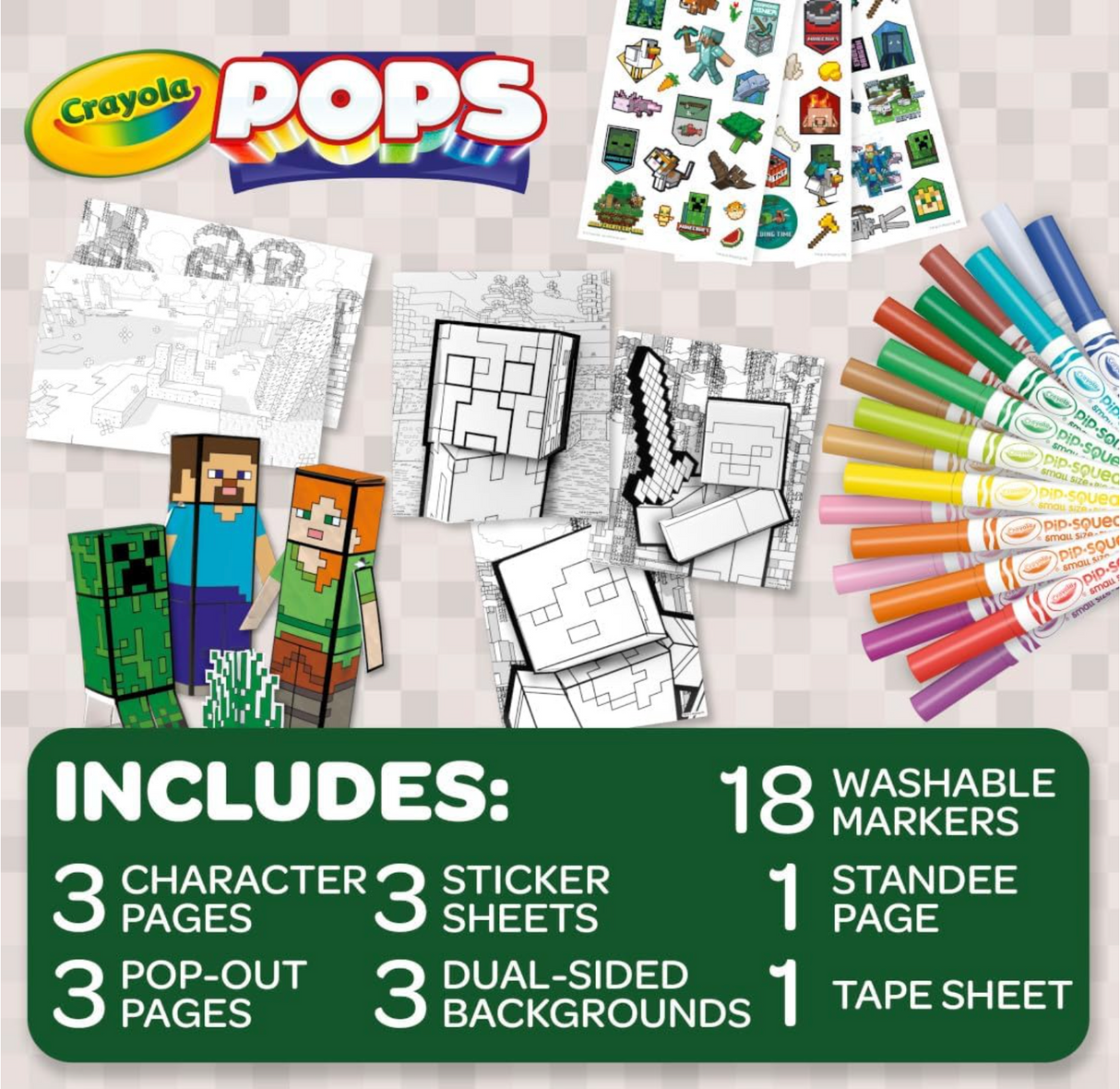 Crayola Pops | Minecraft set with markers, coloring pages, buildable characters, stickers, and backgrounds for creative play.