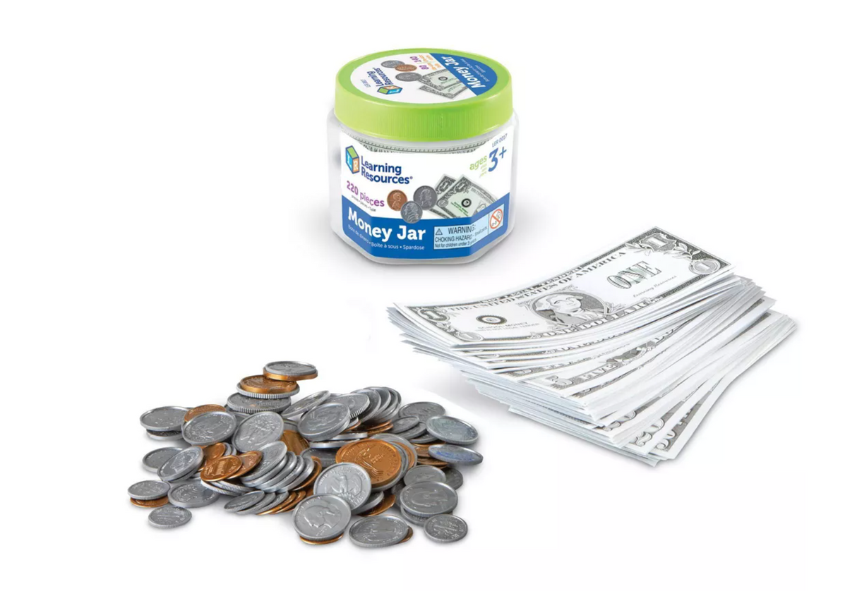 Money Jar Play Money with realistic coins and bills to help kids learn math skills like counting and making change.