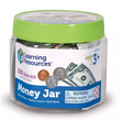 Money Jar Play Money with 220 pieces including realistic coins and bills for kids ages 3+ to learn math skills.