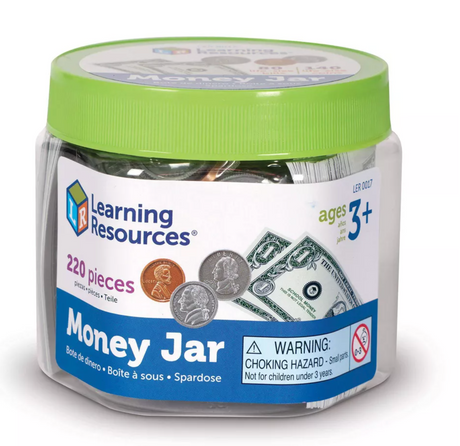 Money Jar Play Money with 220 pieces including realistic coins and bills for kids ages 3+ to learn math skills.
